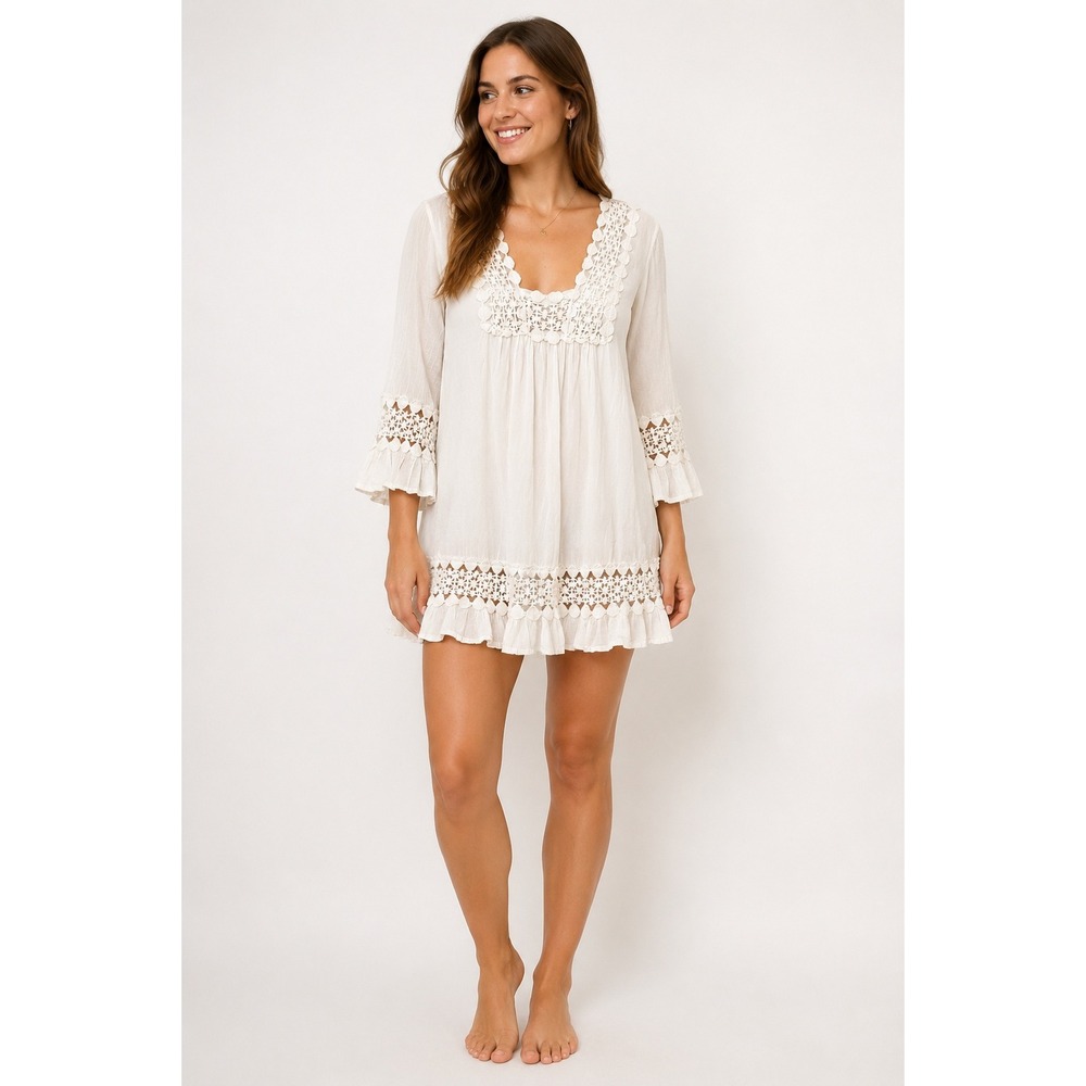 White Cotton Gauze Crochet Lace Mini Tunic Dress M Boho Fairycore Cottagecore